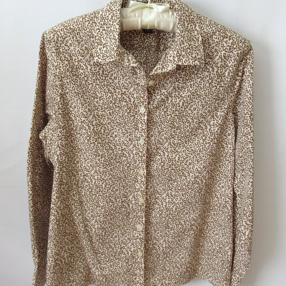 Lands' End brown pink animal print no iron button front long slv shirt *Sz 10P*